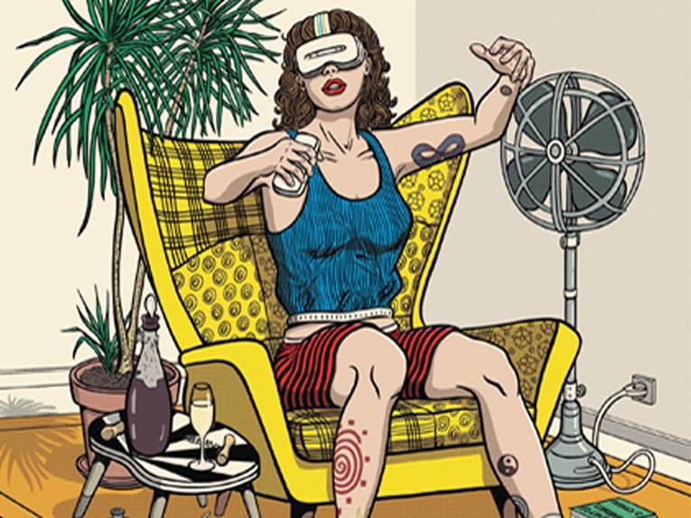 Comicmotiv mit einer Frau mit VR-Brille in Urlaubsstimmung, die im Sessel sitzt.