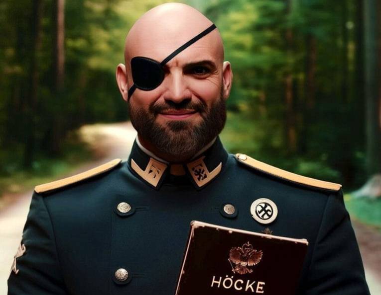 Mann mit Glatze, Vollbart und Augenklappe in Uniform mit Schultertressen und Silberknöpfen hält ein Buch mit der Aufschrift Höcke.