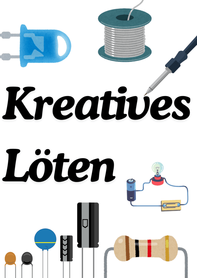 Der Text: "Kreatives Löten", und drum herum LED-Lampen und Lötsaurüstung