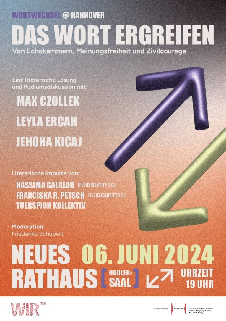 Ein Flyer zur Lesung "Das Wort ergreifen" mit Max Czollek, Leyla Ercan und Jehona Kicaj, die am 6. Juni 2024 um 19 Uhr im Neuen Rathaus stattfindet.