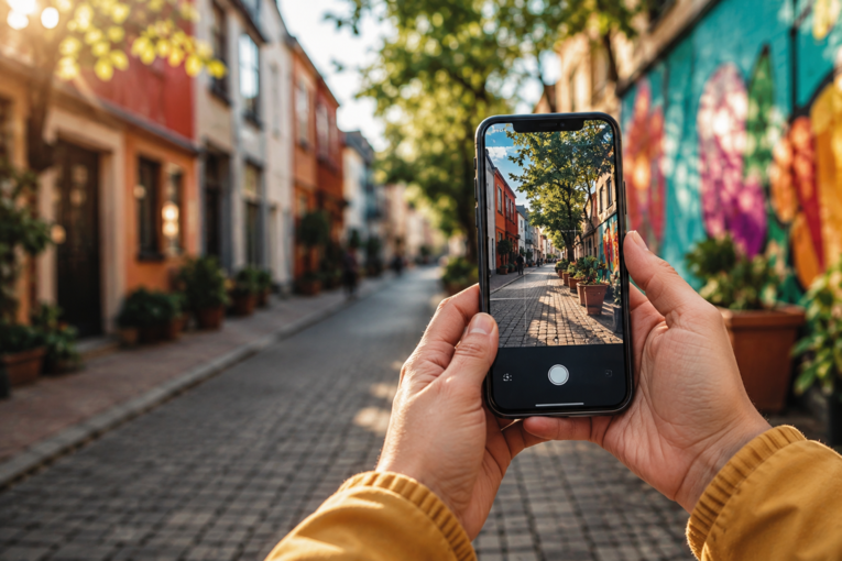 Auf dem Bild ist ein Smartphone zu sehen, dass eine Straße mit Häusern fotografiert