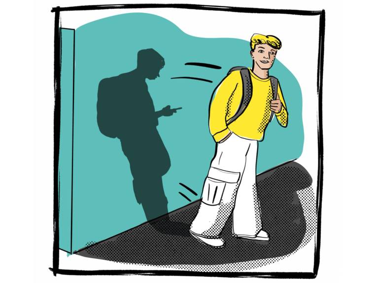 Zeichnung: Eine jugendliche Person geht von einer Wand weg, der Schatten bleibt an der Wand gelehnt zurück und starrt in ein Mobilgerät.