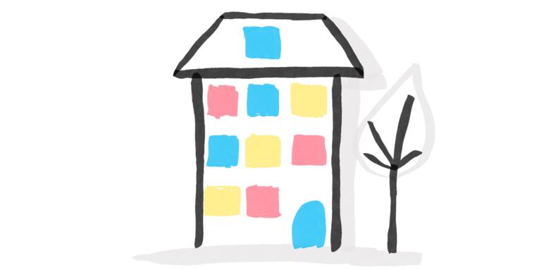 Zeichnung: Haus mit bunten Fenstern. Daneben steht ein kahler Baum.