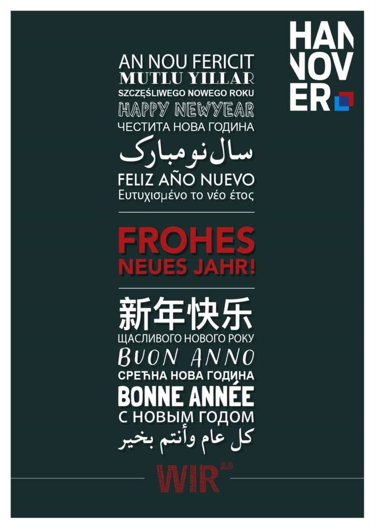 Eine grüne Postkarte, auf der in unterschiedlichen Sprachen "Frohes neues Jahr" steht.