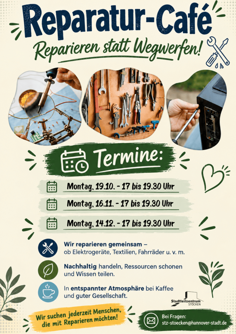 Auf dem Bild sind die Termine des Repair-Cafés zu sehen.