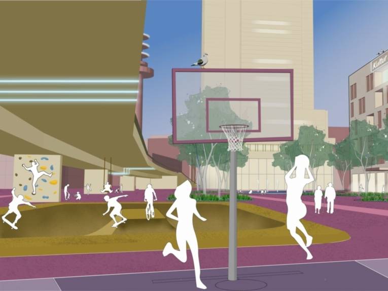 Visualisierte Szene: Weiße Figuren spielen Basketball, fahren Rad oder skaten, zum Teil unter einer Hochstraße links, hinten und rechts sind Gebäude gezeichnet.