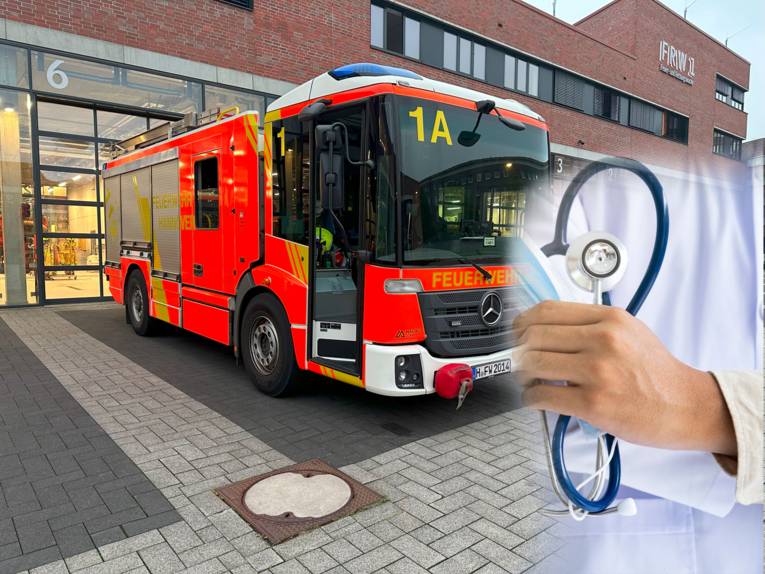 Fotomontage: Feuerwehr Auto auf der linken Seite und einer Arztperson auf der rechten Seite