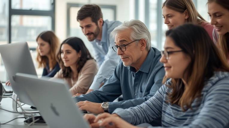 Eine Gruppe von Menschen verschiedenen Alters sitzt an Computern.