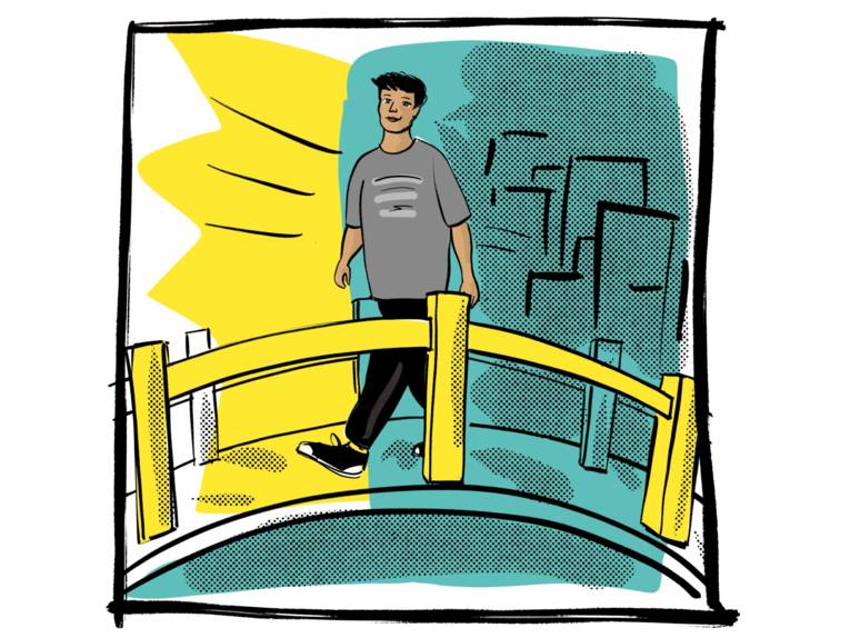 Zeichnung: Eine Person geht über eine Brücke