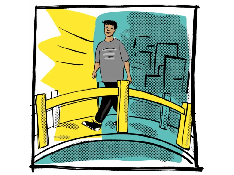 Zeichnung: Eine Person geht über eine Brücke
