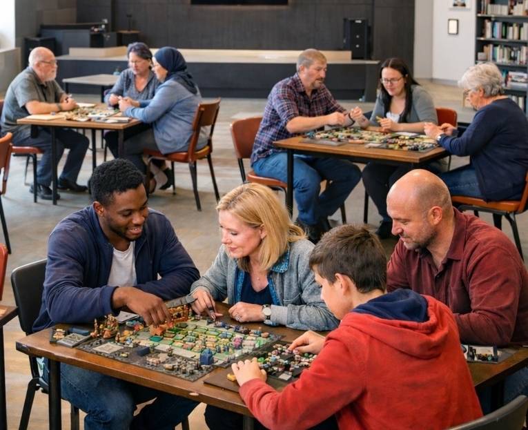 Mehrere Tische an denen Menschen sitzen und Spiele spielen.