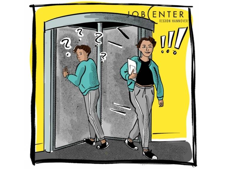 Zeichnung: Eine Person geht mit Fragezeichen über dem Kopf durch eine Drehtür in ein Gebäude und kommt mit Unterlagen und Ausrufezeichen über dem Kopf wieder heraus