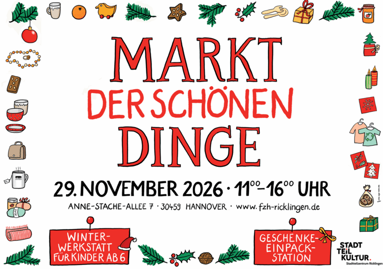 Markt der schönen Dinge mit weihnachtlichen Symbolen drum herum.