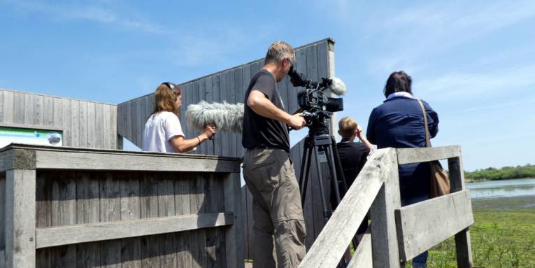 Eine Frau und ein Junge stehen auf einer Aussichtsplattform und schauen auf den Meerbruch im Naturpark Steinhuder Meer. Dahinter steht ein Filmteam und f&auml;ngt die Szene in Bild und Ton ein.
