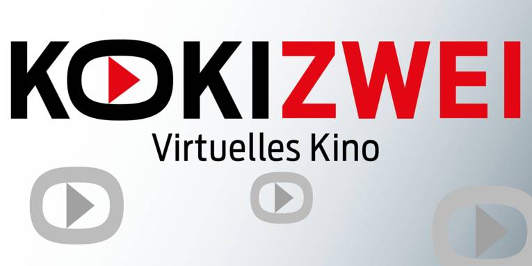 Das KokiZwei-Logo besteht aus einem Schriftzug: Koki in schwarzen Großbuchstaben, Zwei in roten Großbuchstaben und darunter in schwarz virtuelles Kino. Im in die Breite gezogenen O in Koki ist ein rotes Dreieck.