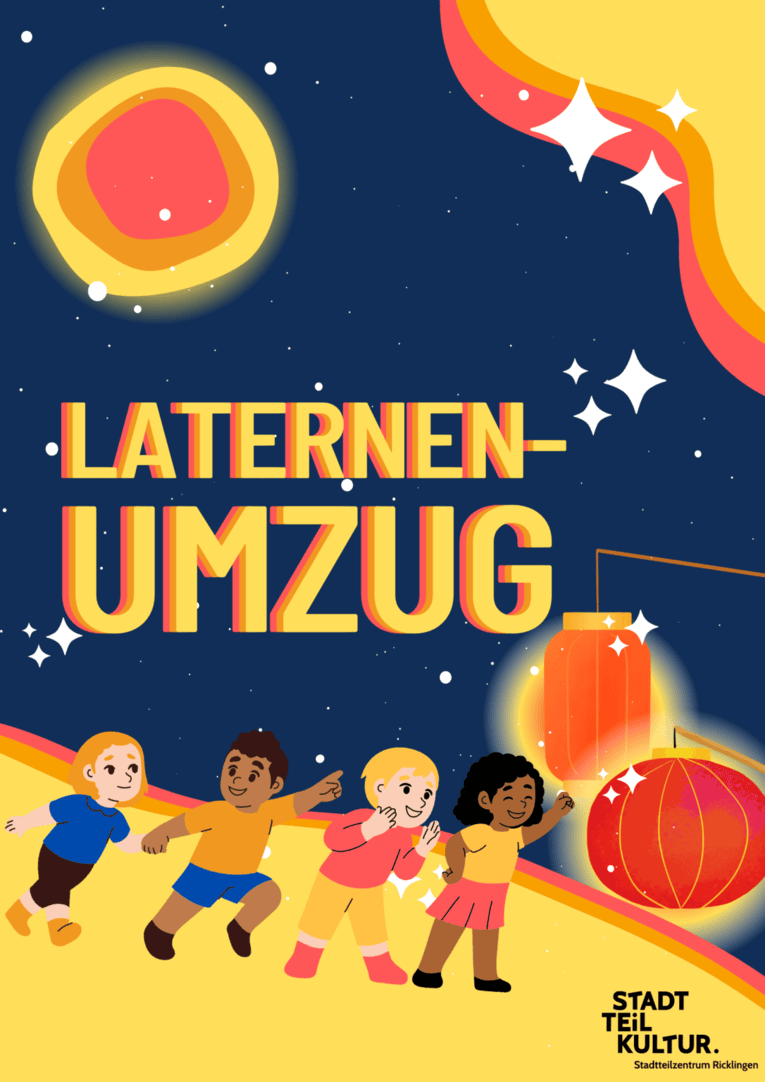 Ein buntes Bild mit Kindern die gemeinsam durch die Nacht mit Laternen gehen