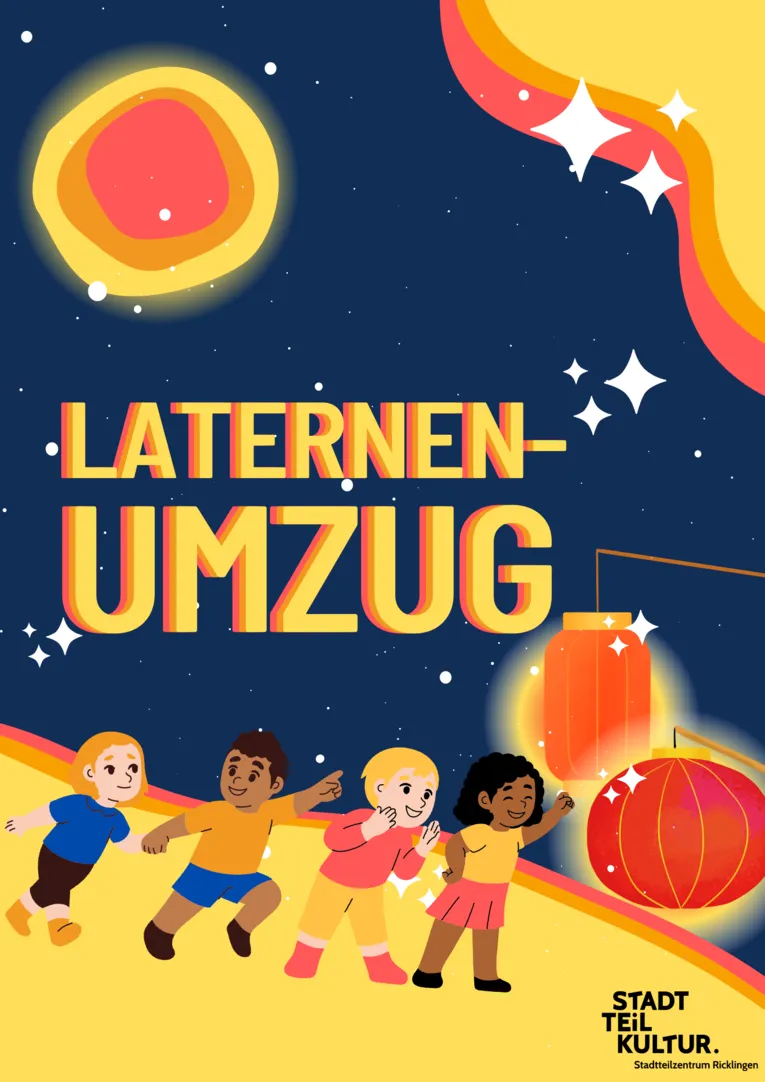 Ein buntes Bild mit Kindern die gemeinsam durch die Nacht mit Laternen gehen