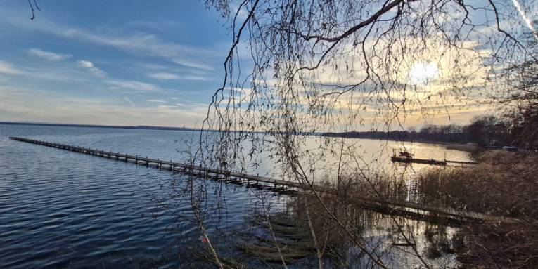 Steg im Steinhuder Meer, die B&auml;ume am Ufer tragen noch keine Bl&auml;tter, die Sonne ist im Hintergrund.