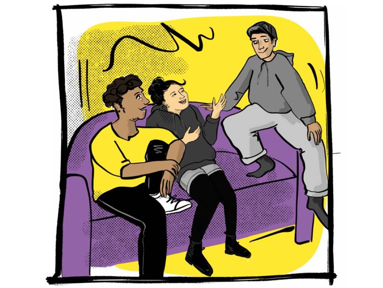 Zeichnung: Drei Personen unterhalten sich auf einem Sofa.