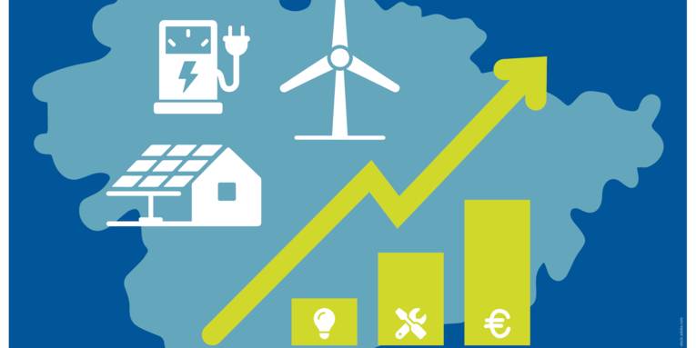 Umriss der Region Hannover, darauf abgebildet Windrad, Dachsolaranlagen, Solartankstelle