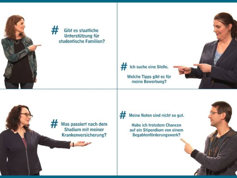 Collage: Drei Frauen und ein Mann zeigen auf Texte.