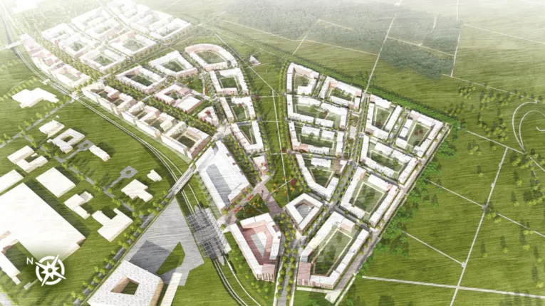 Ein aus der Vogelperspektive dargestellter Stadtteil-Plan.