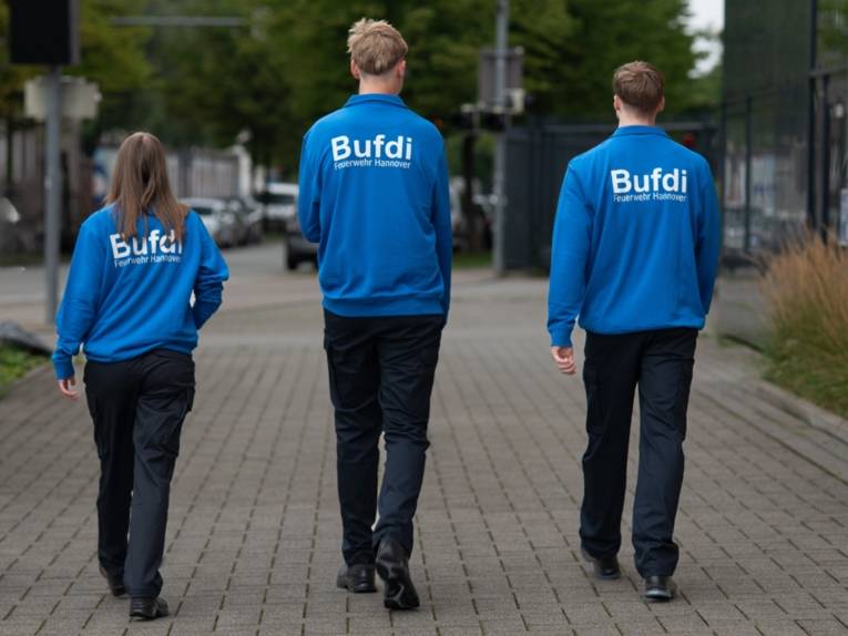 Drei Menschen von hinten  mit einem blauen Pullover, auf dem in Weiß Bufdi Feuerwehr Hannover steht.
