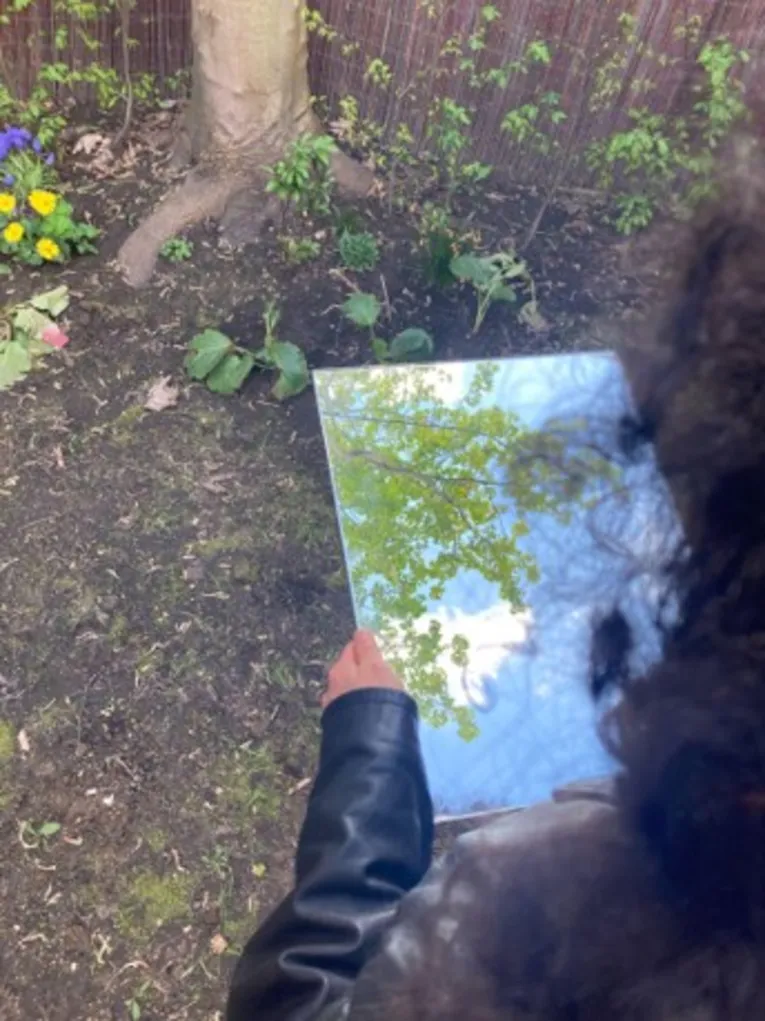 Das Bild zeigt eine Frau mit einem Spiegel in der Hand, in welchem sich die Bäume spiegeln