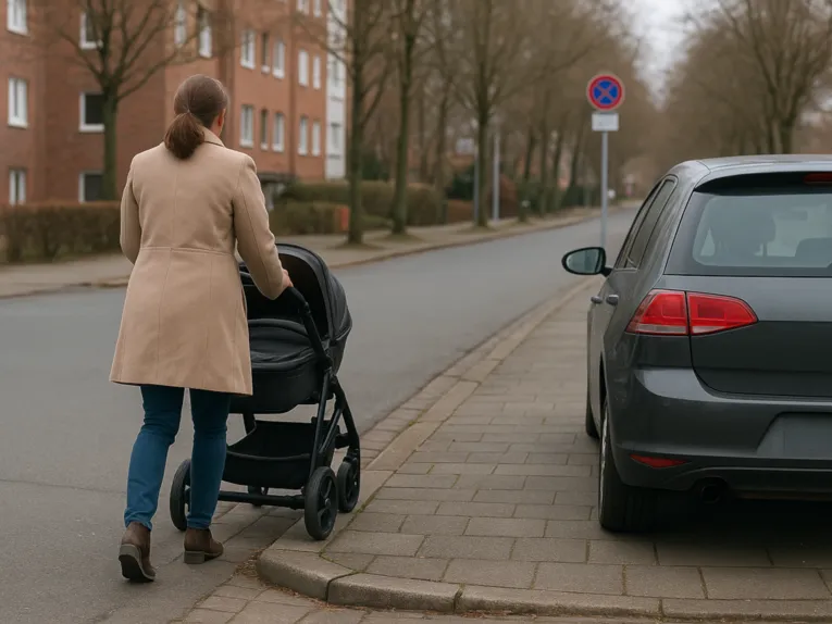 Auf dem Bild ist eine Frau mit einem Kinderwagen zu sehen, die es schwer hat die Stra&szlig;e zu &uuml;berqueren, weil der abgesenkte Bordstein zugeparkt ist.