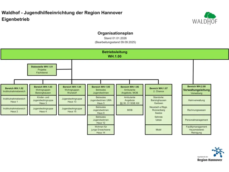 Beschriftete Rechtecke und Linien bilden die Hierarchie und Struktur des Waldhofes – Jugendhilfeeinrichtung der Region Hannover Eigenbetrieb ab.