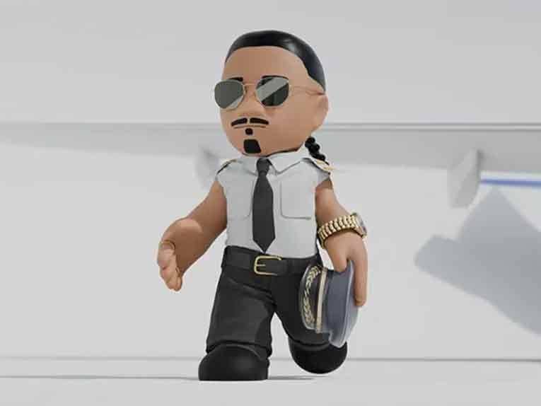 eine kleine, animierte 3D-Figur des Musikers Apache 207 im Piloten-Look