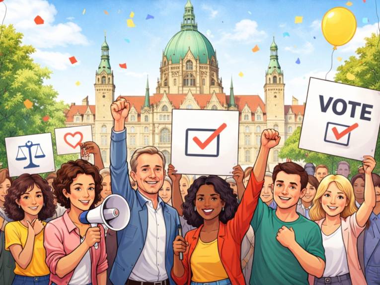 Viele Menschen stehen vor dem Neuen Rathaus.