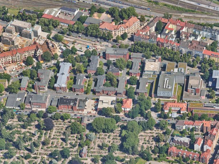 Luftbild auf den Bereich einer Stadt mit mehreren Gebäuden, Wegen und Straßen, Bäumen. Vorne Grünfläche in grafischen Rechtecken, hinten Bahnschienen.