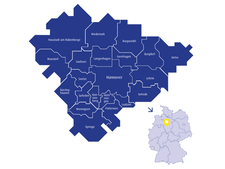 Karte mit den Umrissen aller 21 Kommunen der Region Hannover.