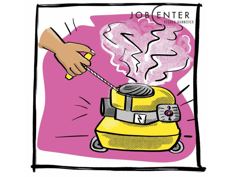 Zeichnung: Eine Hand zieht an einem Zugseil, um einen Verbrennungsmotor zu starten.
