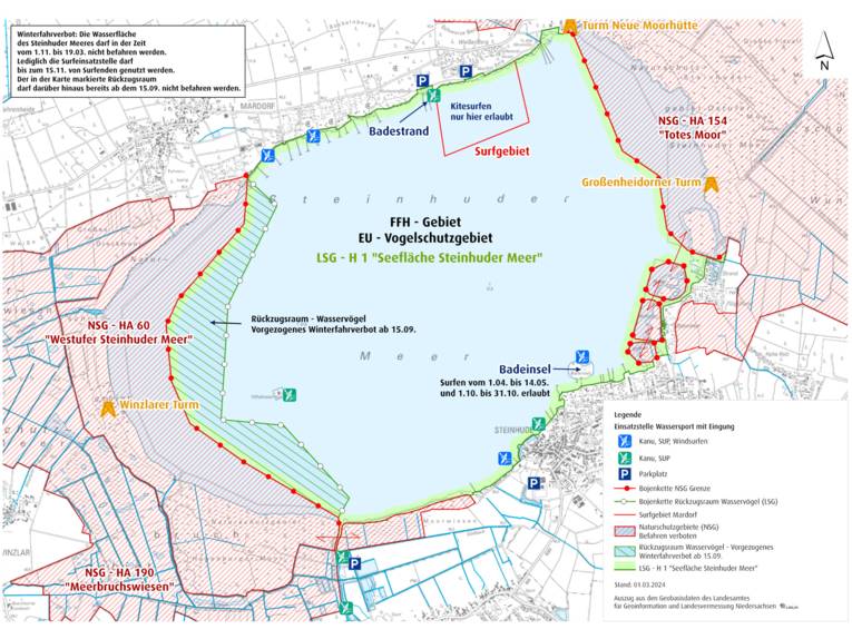 Karte des Steinhuder Meeres mit Zonen, die Wassersportlerinnen und Wassersportler nicht befahren dürfen.