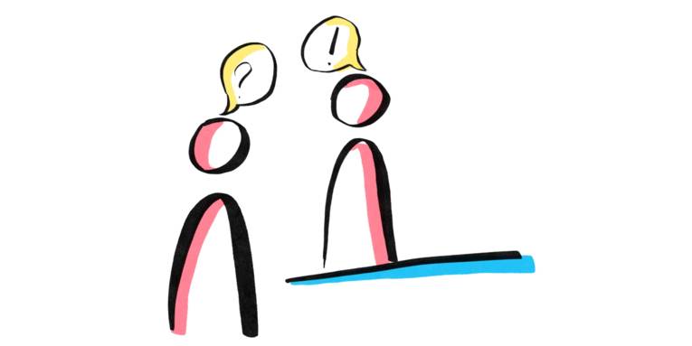 Zeichnung: Zwei Personen stehen sich gegen&uuml;ber. &Uuml;ber der einen ist ein Fragezeichen, &uuml;ber der anderen ein Ausrufezeichen.