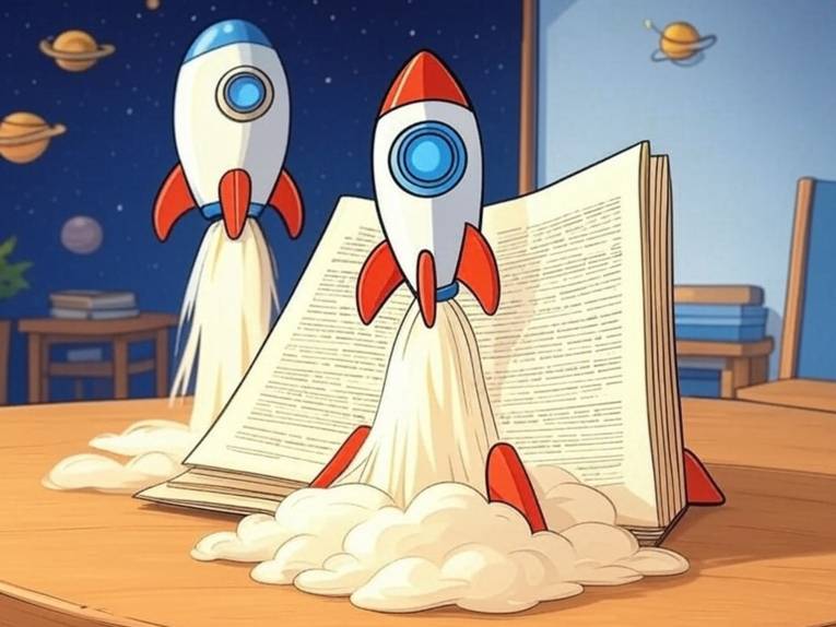 Computergrafik: Zwei kleine Raketen starten von einem Tisch, auf dem ein Manuskript zu sehen ist.