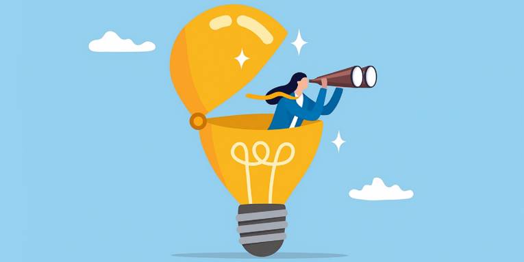 Grafik: Eine Gl&uuml;hlampe klappt auf, eine Person schaut wie aus dem Korb eines Hei&szlig;luftballons heraus und schaut mit einem Fernglas. Der Hintergrund ist blau mit wei&szlig;en Wolken.