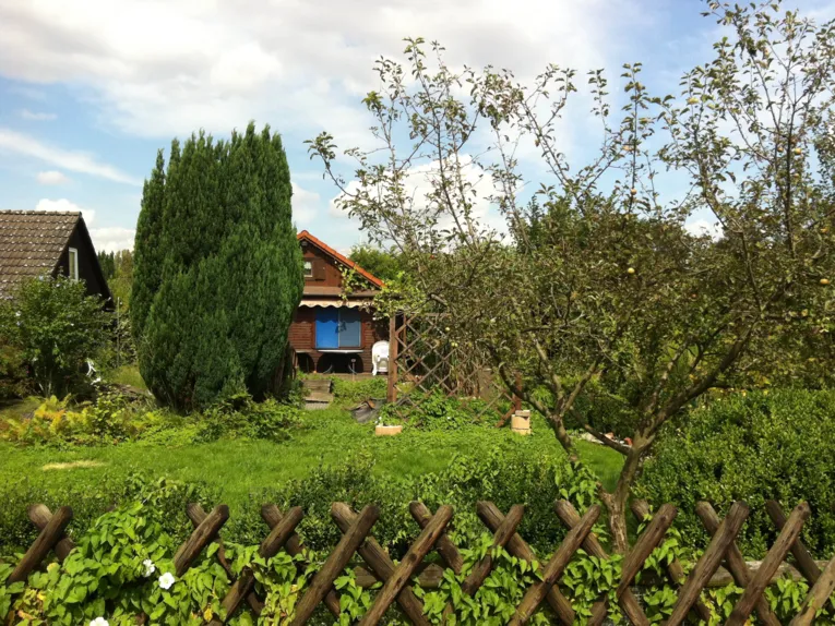 Ein Kleingarten in Hannover. Im Hintergrund steht eine Hütte, davor eine gepflegte Grünfläche.