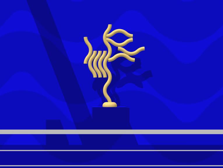 Computer generiertes Bild der späteren Wandinstallation: Vor einem Königsblauen Hintergrund steht eine Figur aus fließenden Formen, die an Linien erinnern.