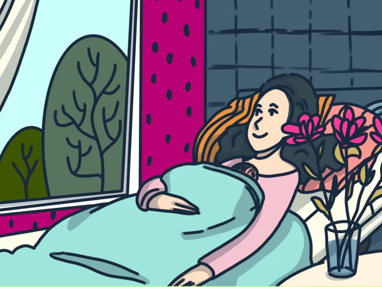 Grafik: Eine Frau liegt mit einem Baby auf dem Bauch in einem Bett.