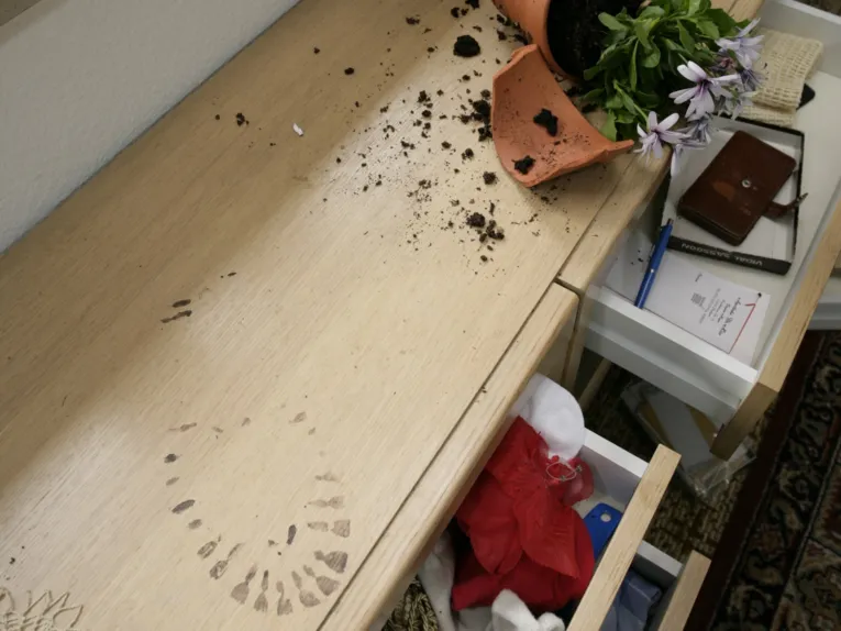 Eine Kommode mit geöffneten Schubladen und ein zerbrochener Blumentopf.