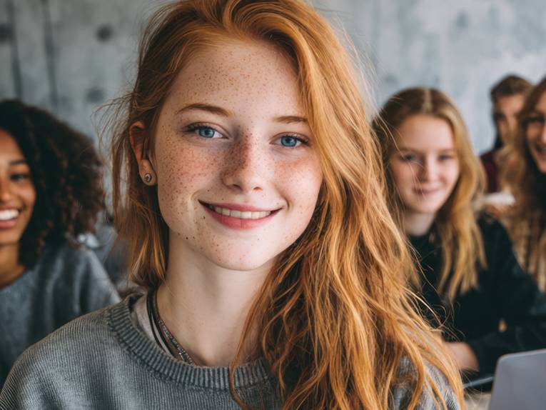 Rothaarige junge Frau, im Hintergrund weitere junge Frauen an Laptops