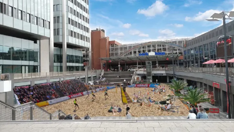 Visualisierung eines Volleyballfelds auf einem städtischen Platz.