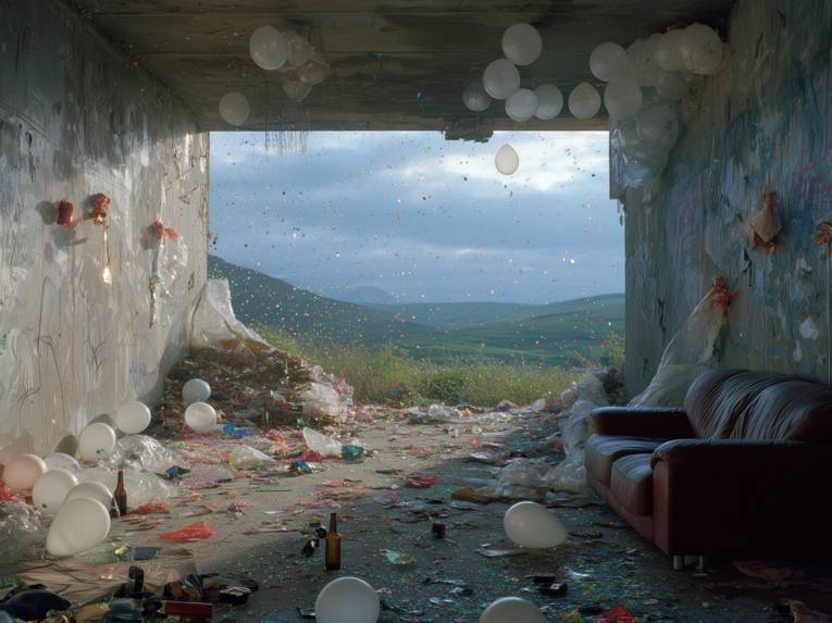 Blick aus einer eckigen Felswohnung in ein Tal.