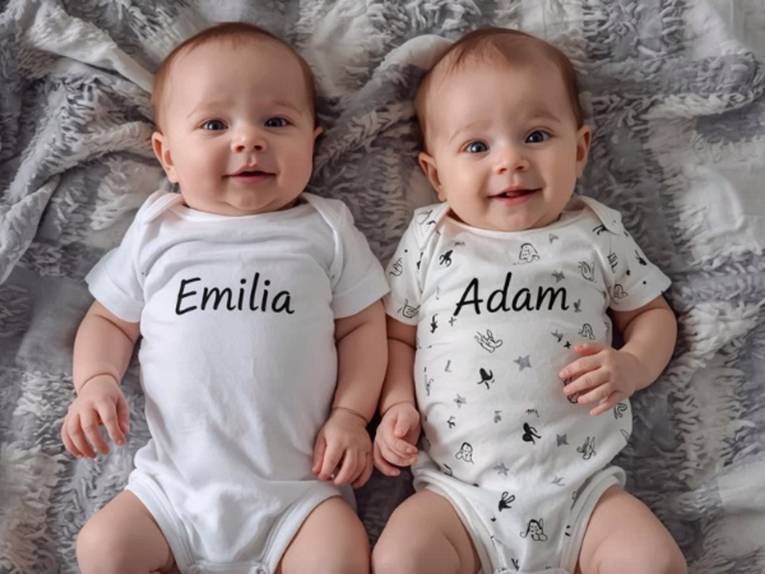 Zwei Babys liegen auf einer Decke, ihre Strampelanzüge tragen die Namen Emilia und Adam.