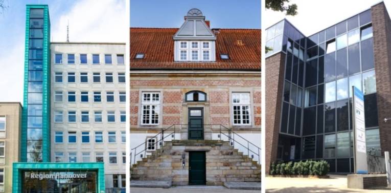 Collage aus drei Fotos mit den Dienstgebäuden des Fachdienstes Kultur und Medienbildung