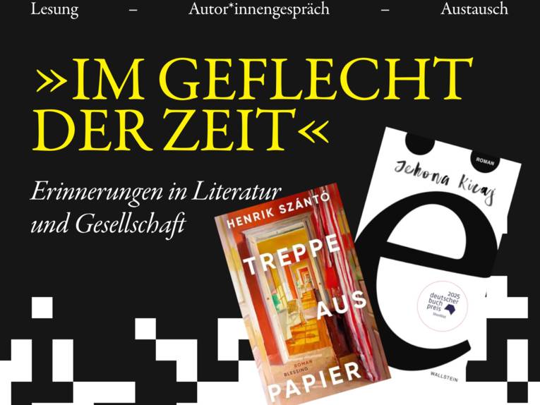 Schwarzer Hintergrund. Oben im Bild ein Text in Gelb: "Im Geflecht der Zeit". In der rechten unteren Bildhälfte die Cover zweier Romane. Einer mit dem Titel "Treppe aus Papier", der andere mit dem Titel "ë".