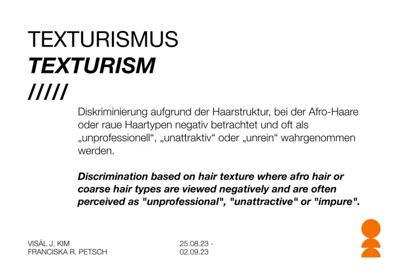 Ein Bild mit wei&szlig;em Hintergrund uind folgendem Text: Diskriminierung aufgrund der Haarstruktur, bei der Afro-Haare oder raue Haartypen negativ betrachtet und oft als "unprofessionell", "unattraktiv" oder "unrein" wahrgenommen werden.